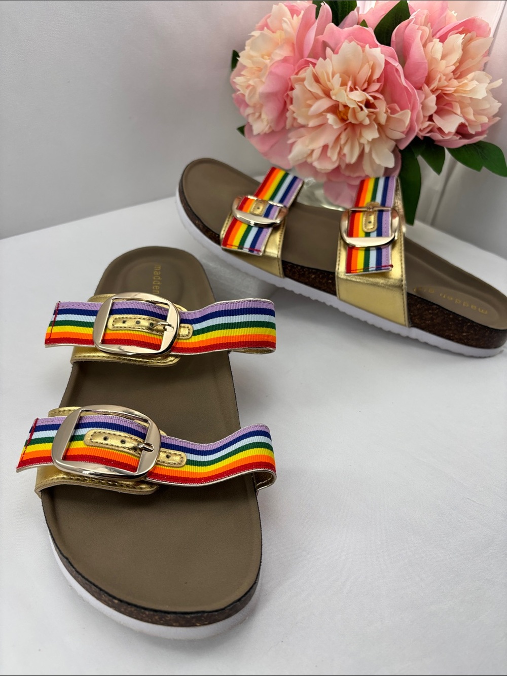 Madden Girl-Womens 11 Rainbow Strap Gold Buckle Slide Sandals#753